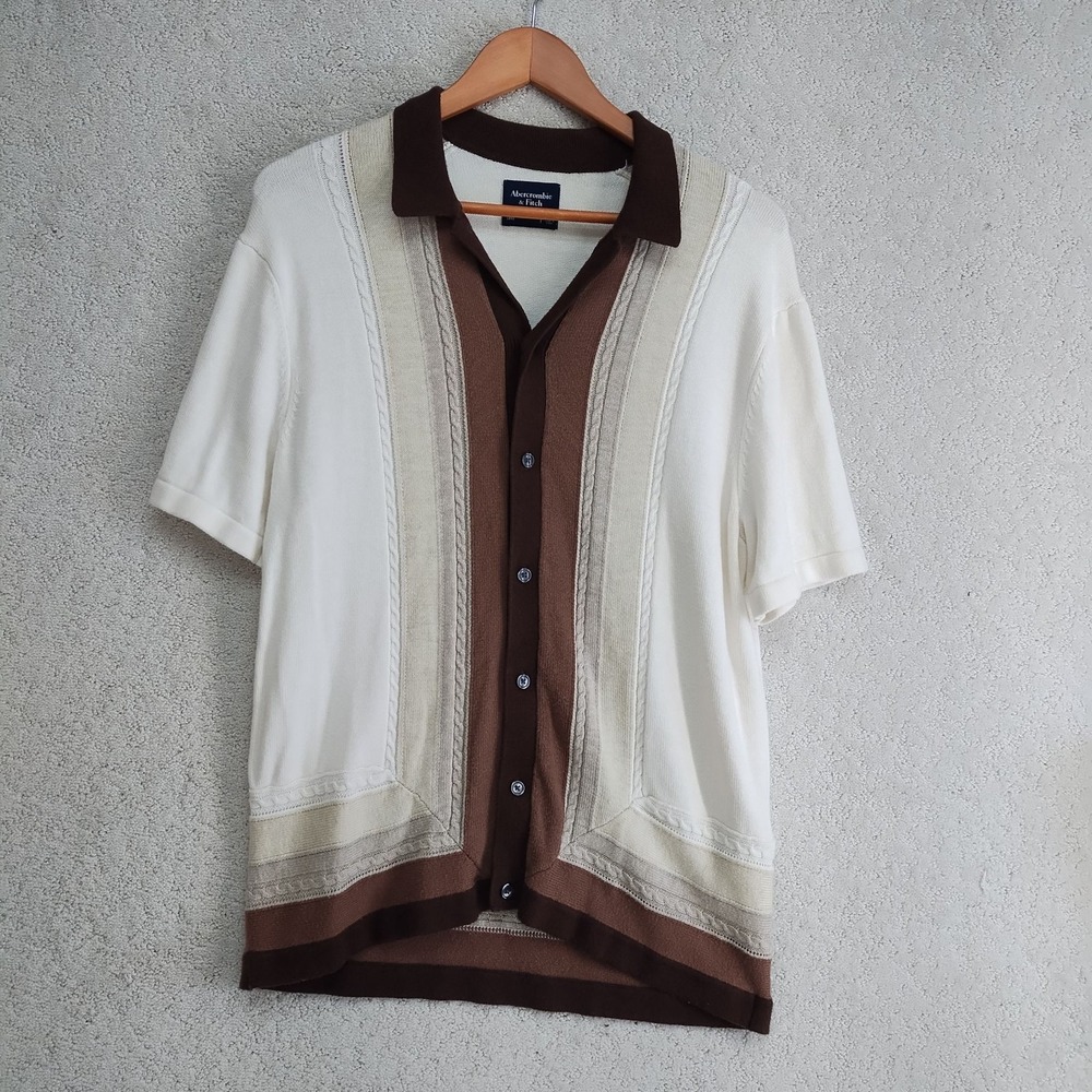 Abercrombie & Fitch Knit Cardigan Mens L Short Sleeve Button Cable Stripe Brown